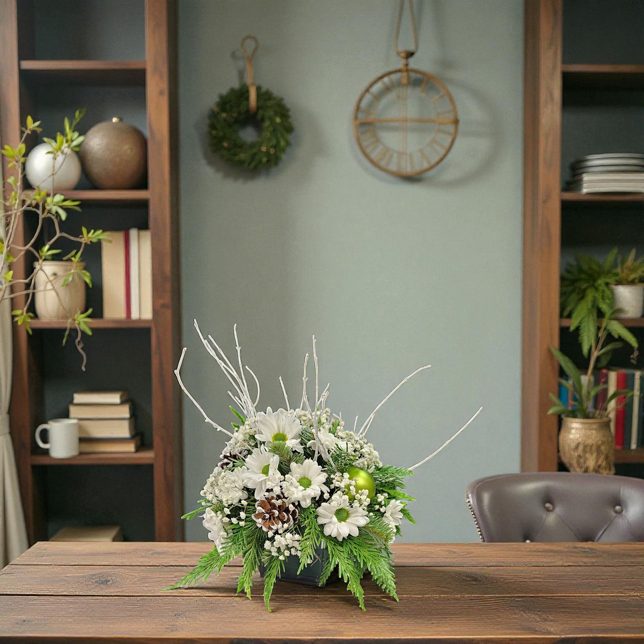 Arrangement de Noël Blanc & Vert – Pureté Hivernale