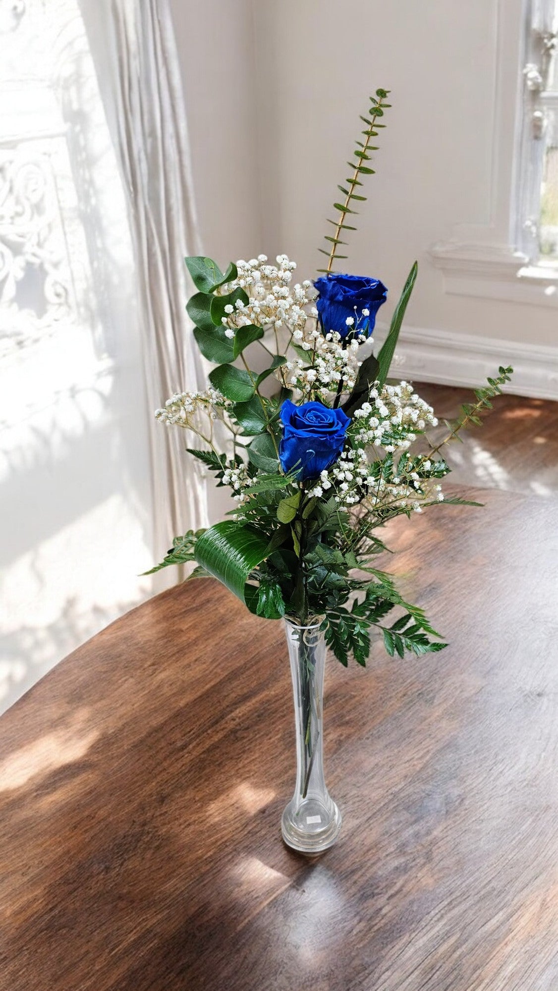 Élégance Intemporelle - Bouquet de 2 Roses Éternelles avec eucalyptus Personnalisables