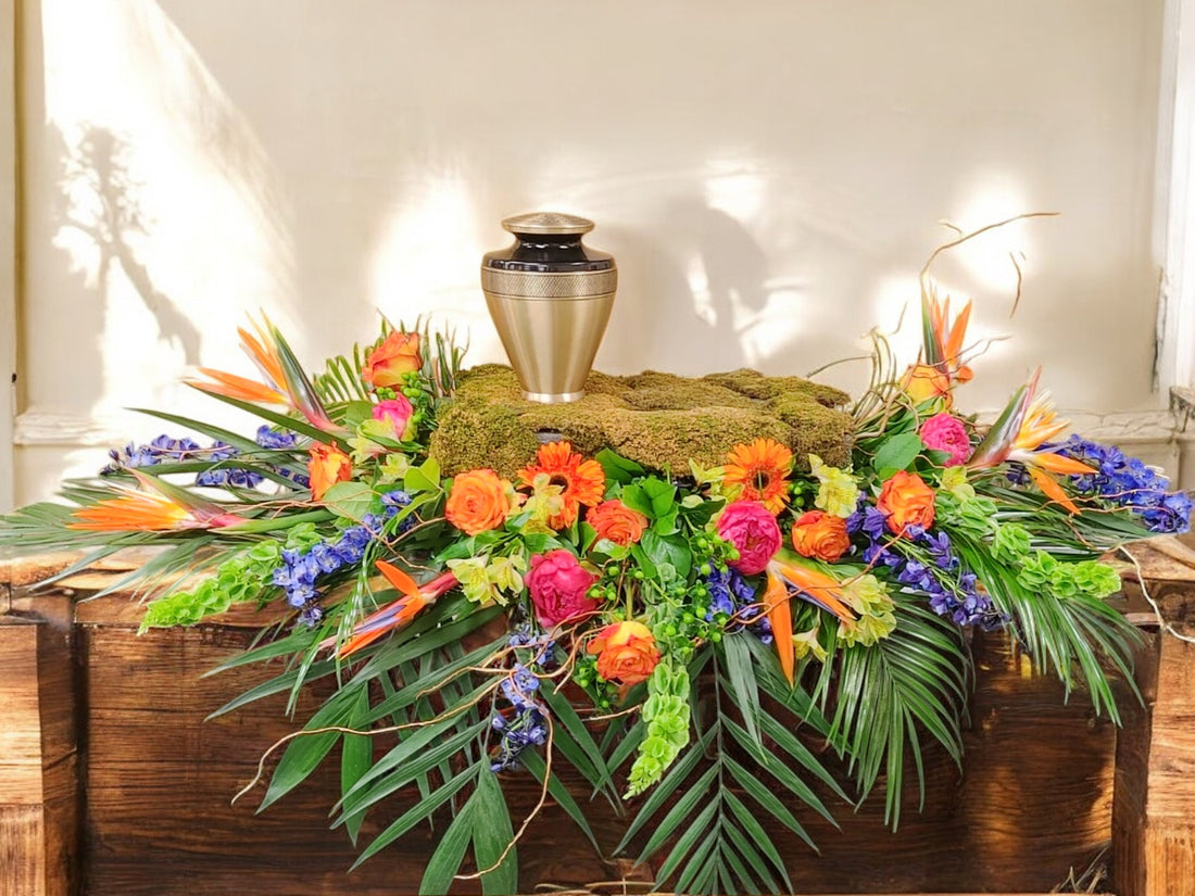 Arrangement Floral pour Urne Funéraire - Éclat de Couleurs Tropicales