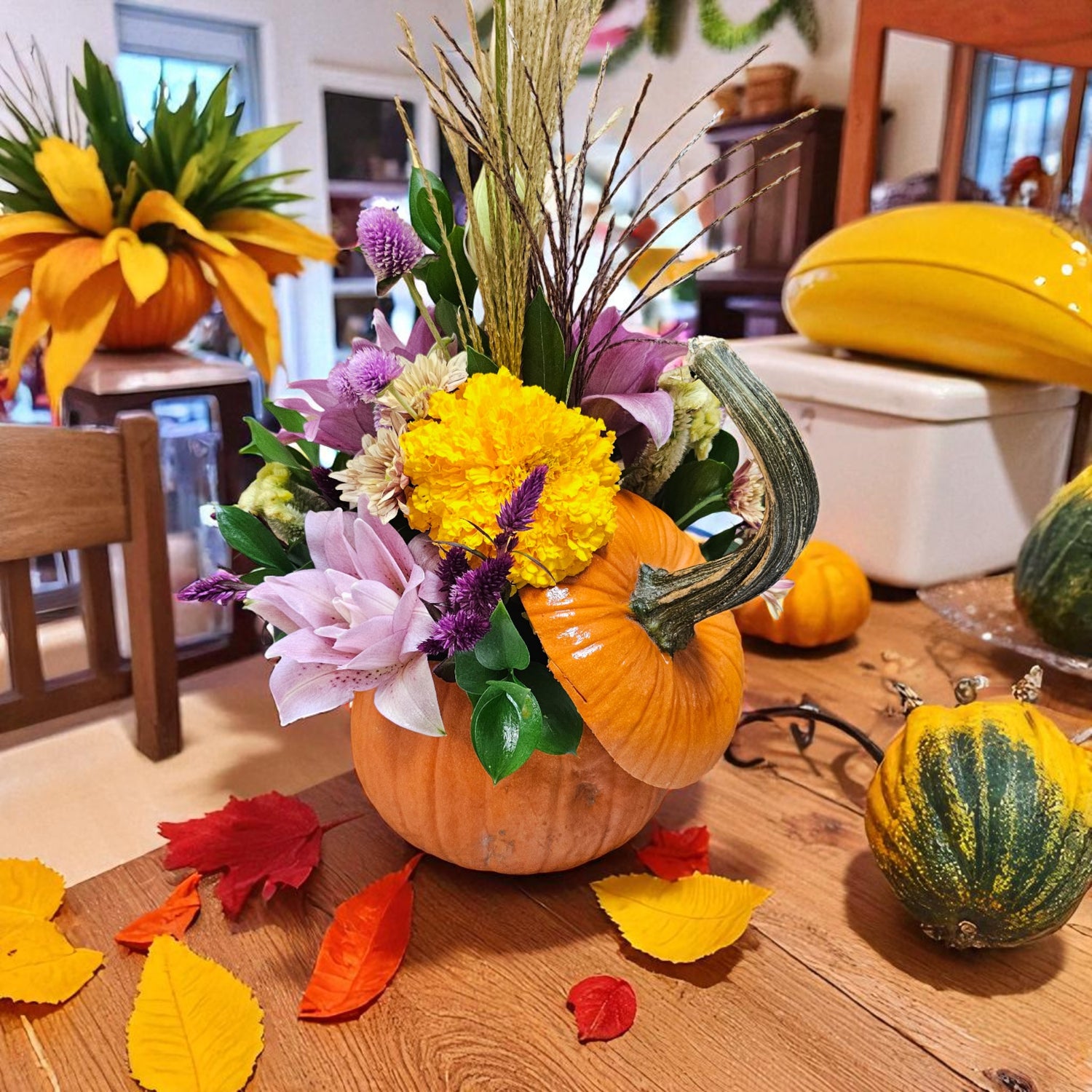 Centre de table d’automne – Élégance rustique avec mini-citrouille