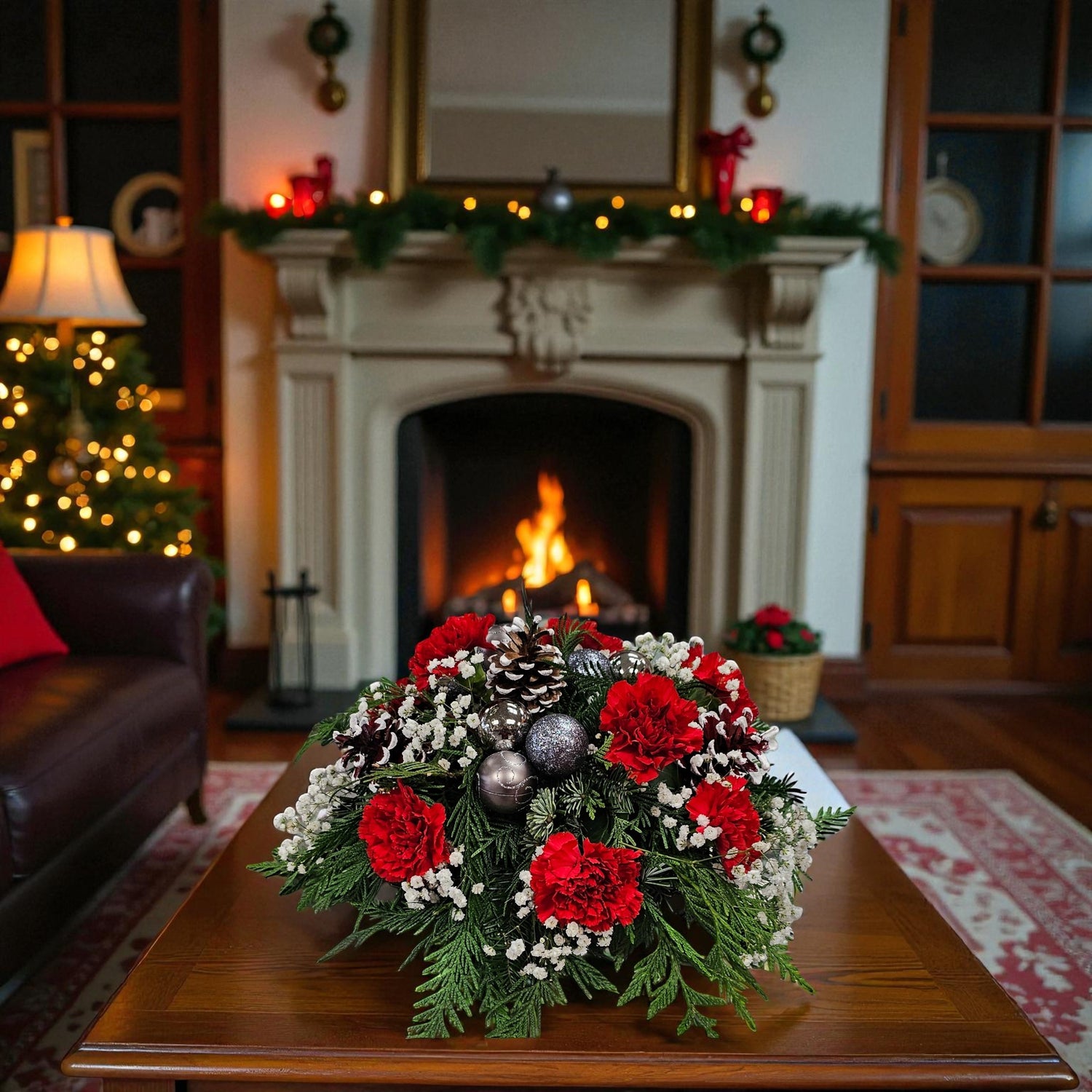 Centre de table de Noël – Rouge et Argent