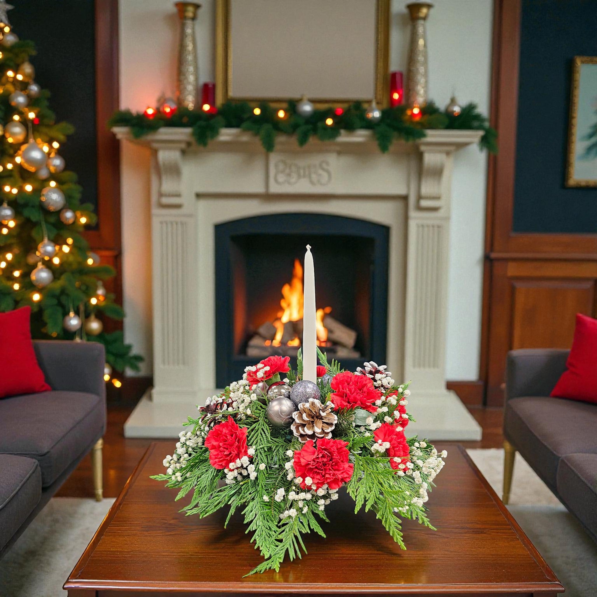 Centre de table de Noël – Rouge et Argent
