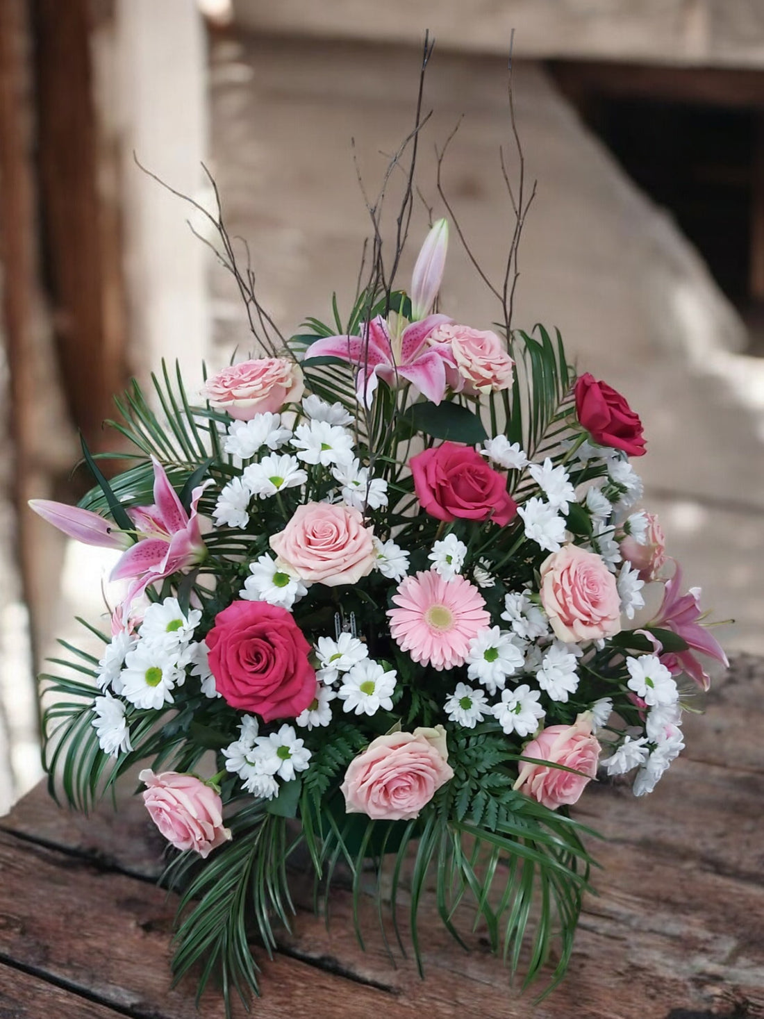 Corbeille Funéraire Romantique - Tendresse en Rose et Blanc