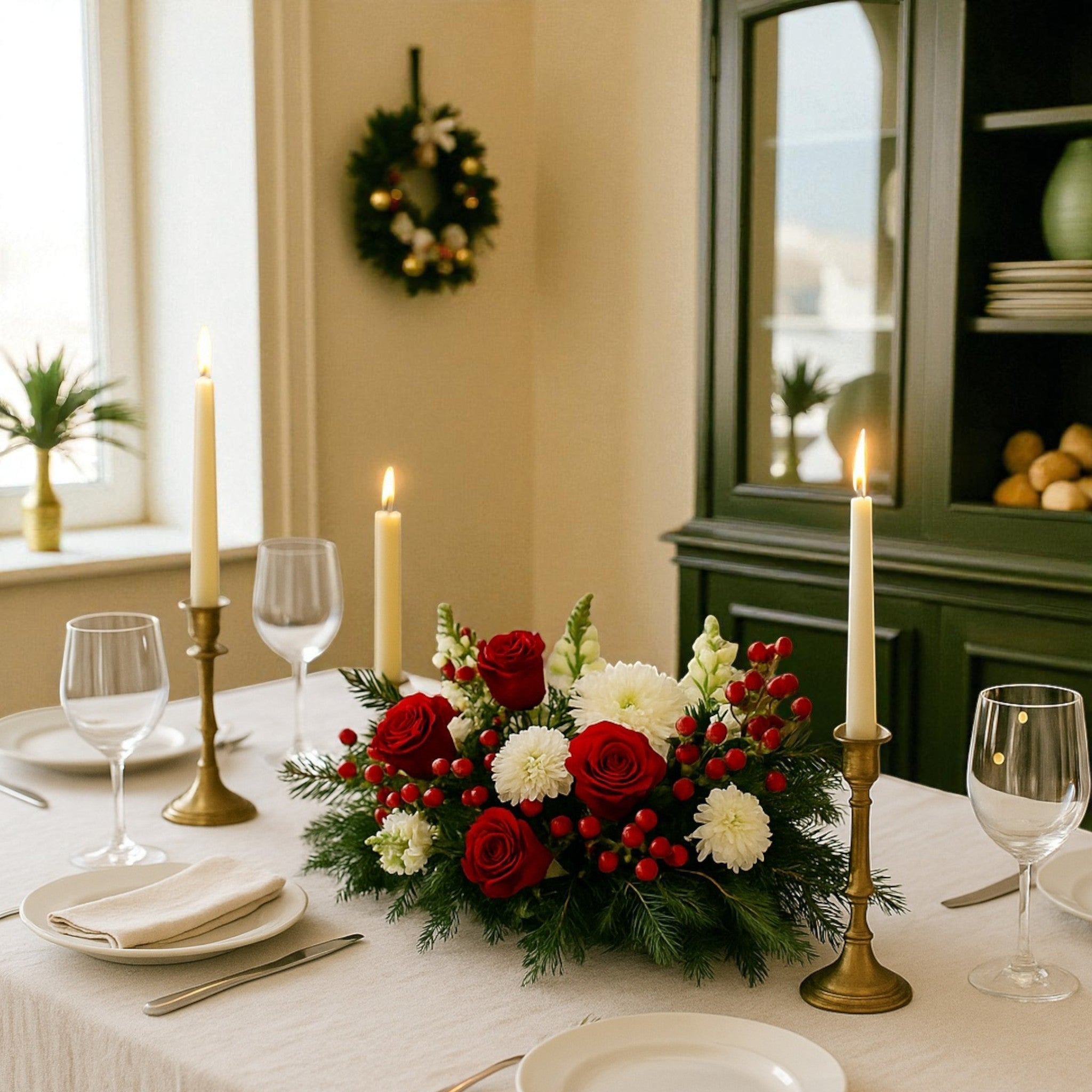 Centre de Table de Noël – Rouge, Blanc &amp; Baies Festives